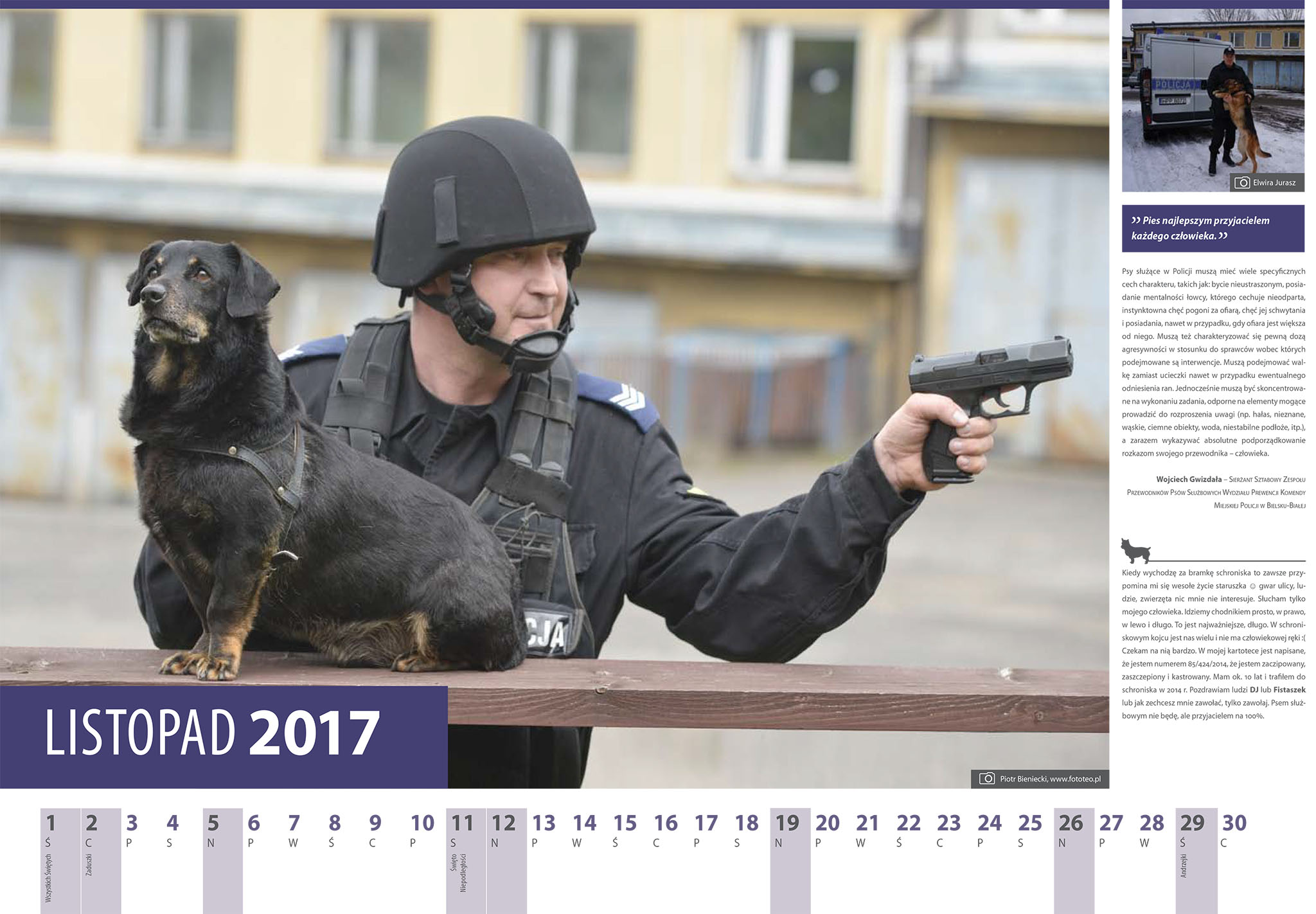 Kalendarz 2017 listopad. Policjant z KMP Bielsko-Biala Wojciech Gwizdala